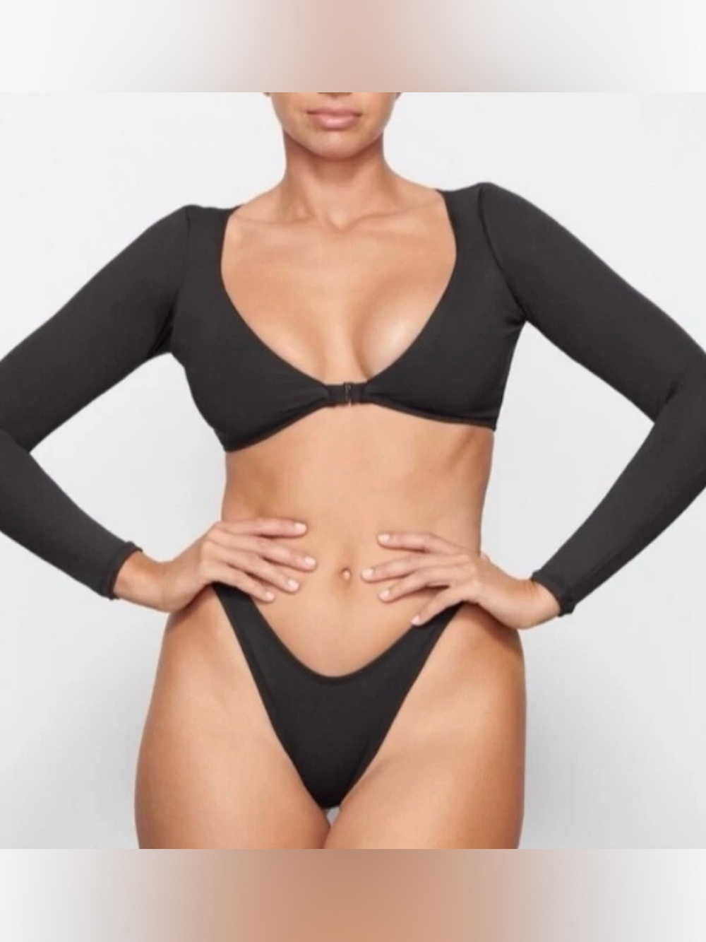 SKIMS Black Long Sleeve Crop Bikini Top (XL) & Thong (2X)